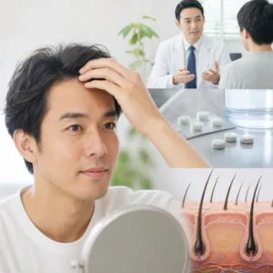 AGA治療薬プロペシアの錠剤と診察を行う医師のイメージ