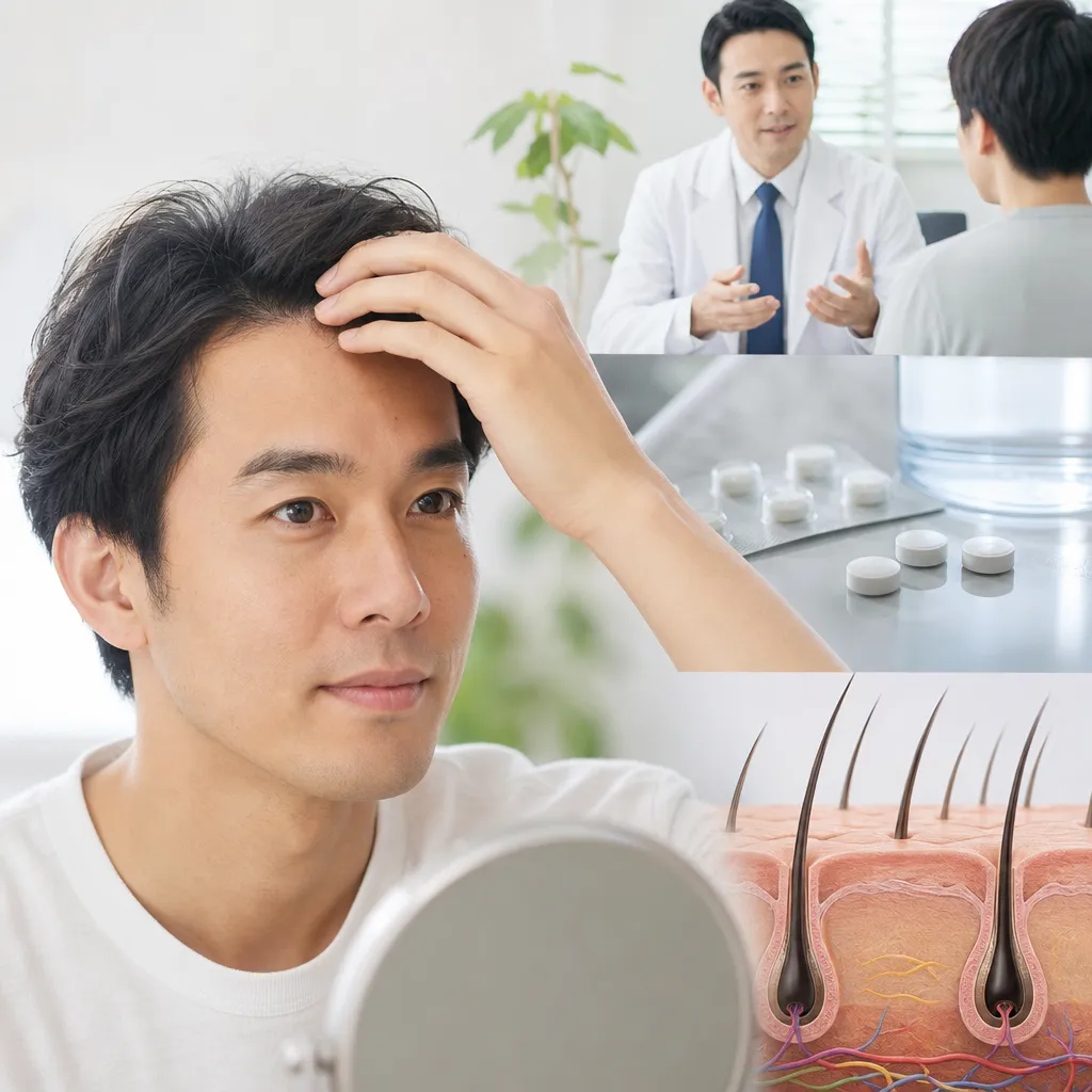 AGA治療薬プロペシアの錠剤と診察を行う医師のイメージ
