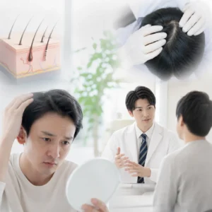 AGA薄毛に悩む男性が頭皮マッサージを行っているシーンのイメージ写真