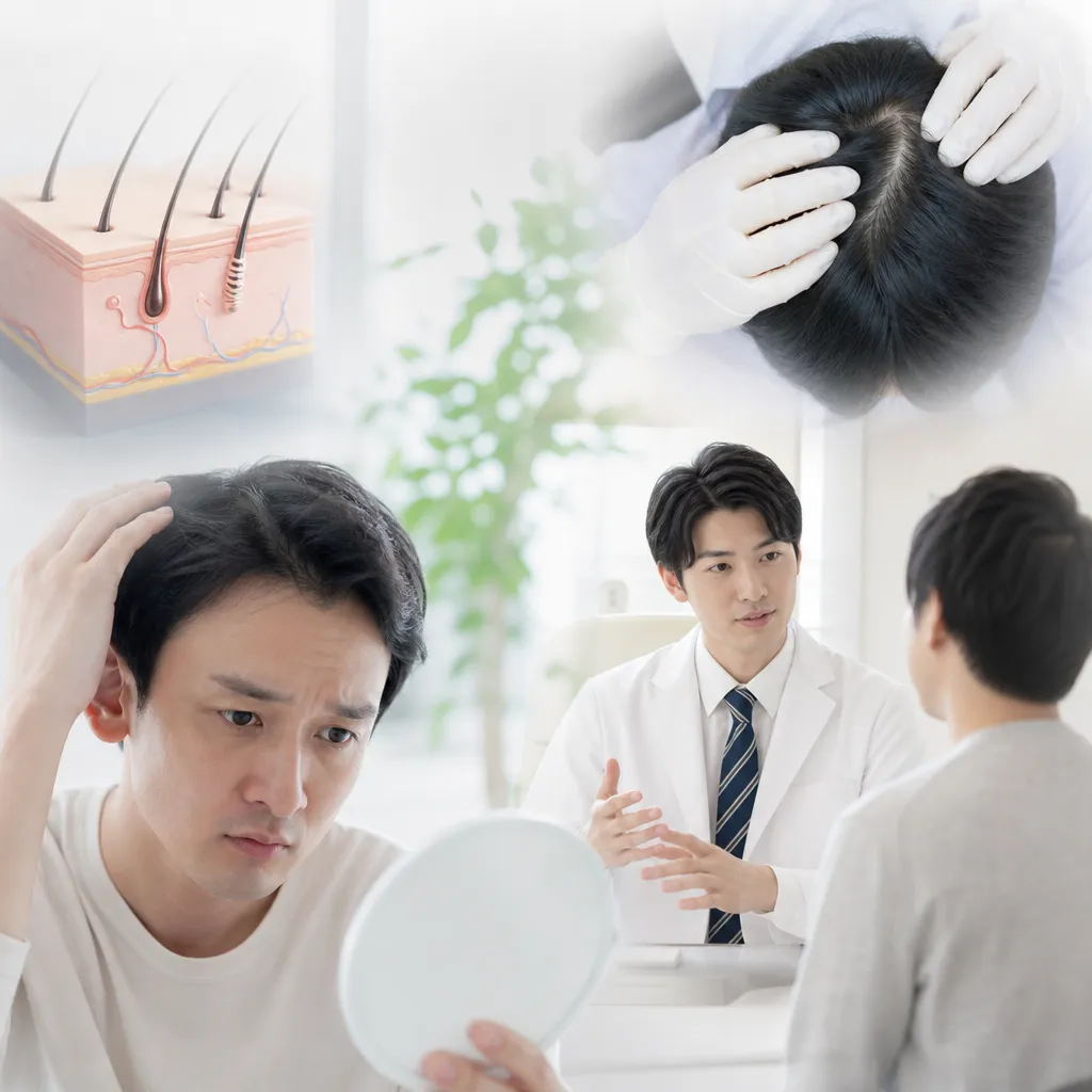 AGA薄毛に悩む男性が頭皮マッサージを行っているシーンのイメージ写真