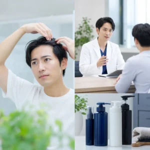 AGAケアを意識した市販シャンプーのボトルが清潔感ある洗面台に並ぶイメージ