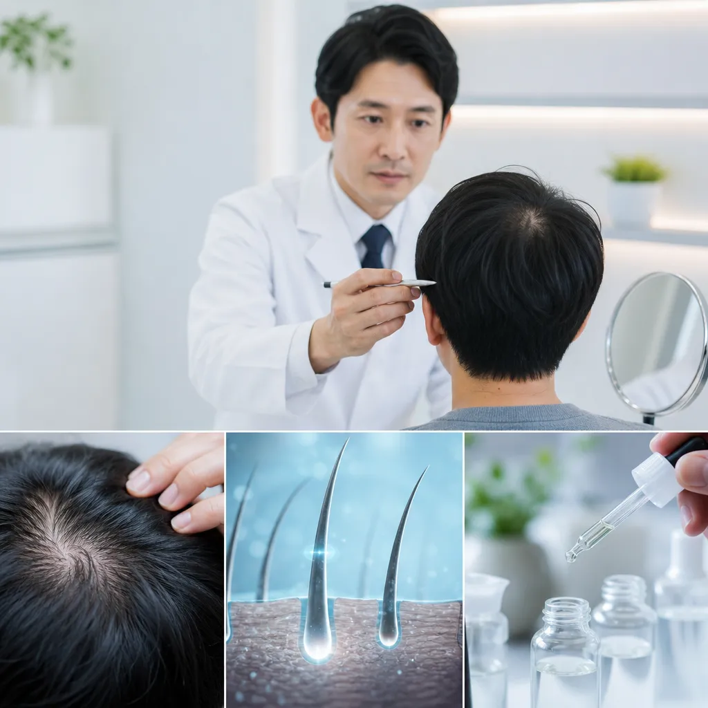 抜け毛の細さと短さを確認する男性の手元とAGA診断イメージ