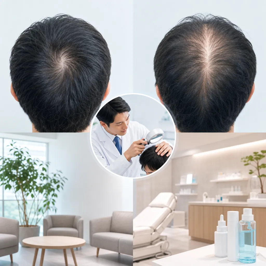つむじ周辺の薄毛とAGAの違いを確認する男性の頭頂部アップ画像