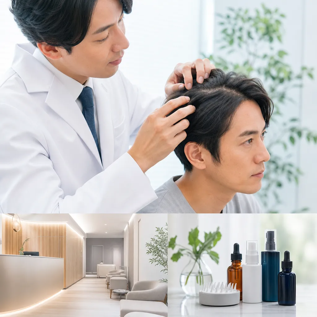 AGAとストレス性抜け毛の違いを考える男性が鏡で薄毛を確認している診察前のシーン