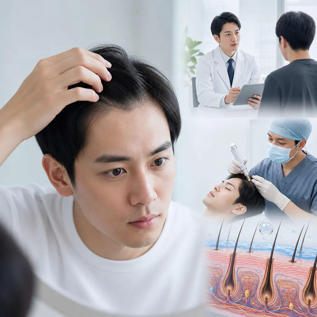 20代男性がM字ハゲの進行を鏡で確認している様子とAGA治療のイメージ