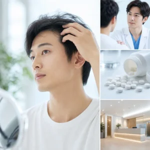 AGAクリニックでフィナステリド治療について医師に相談する男性患者の診察風景