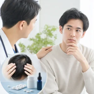 AGA治療薬の錠剤と育毛の経過を示す頭皮のクローズアップ画像