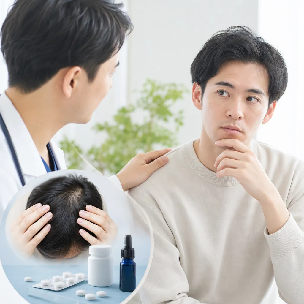 AGA治療薬の錠剤と育毛の経過を示す頭皮のクローズアップ画像