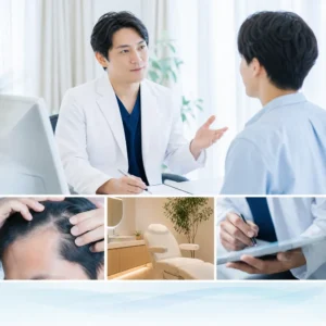 AGAクリニックの清潔な診察室で医師が丁寧に頭皮を診察しているシーン