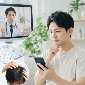 自宅でスマートフォンを使いオンラインAGA診療を受ける男性の手元