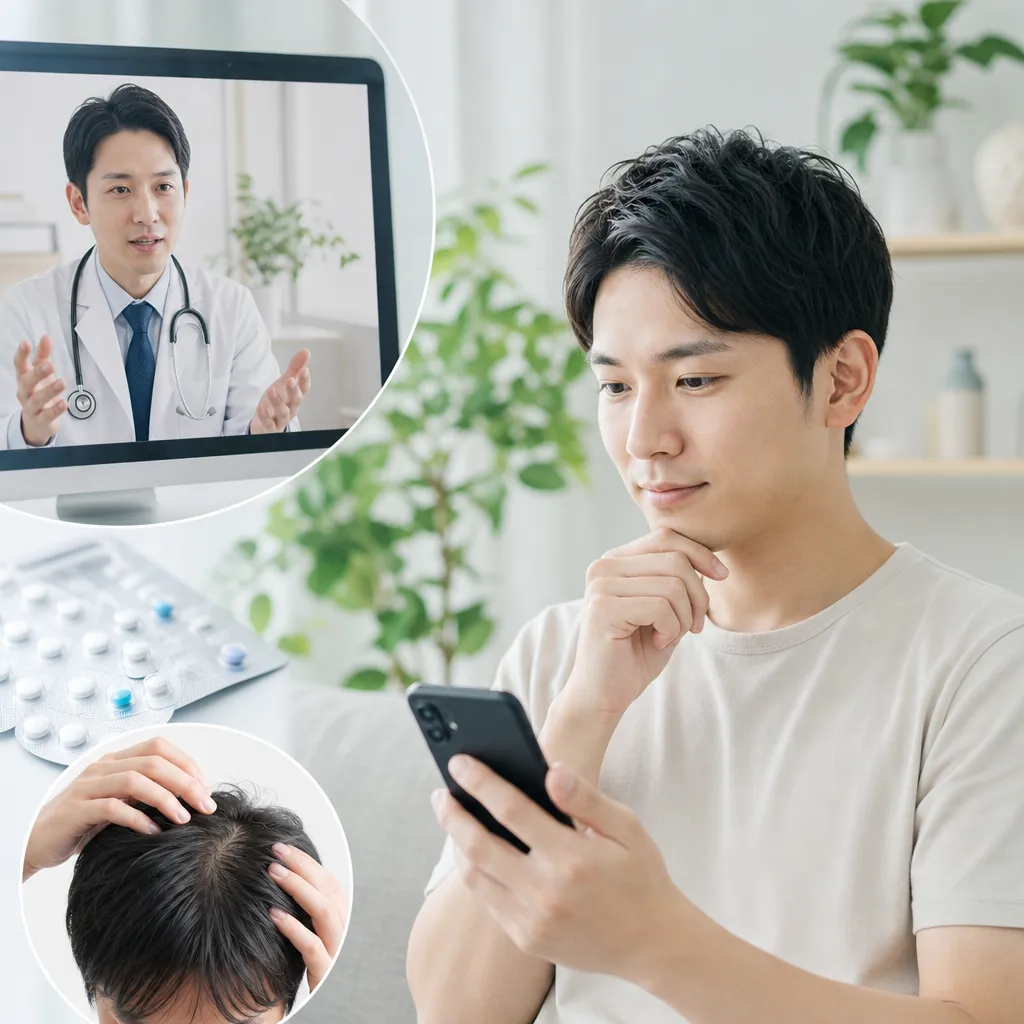 自宅でスマートフォンを使いオンラインAGA診療を受ける男性の手元