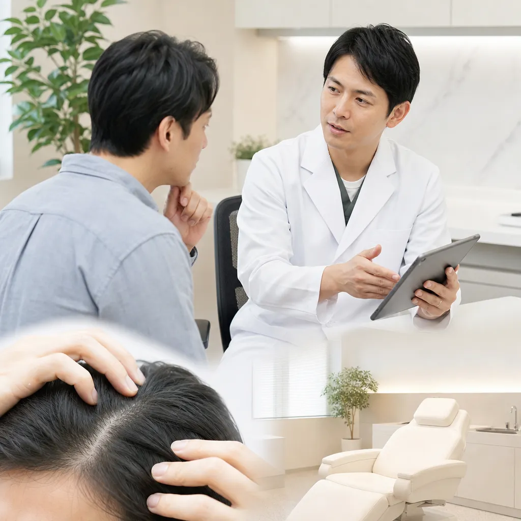 清潔感のあるAGAクリニックの診察室で医師が薄毛治療について説明している様子