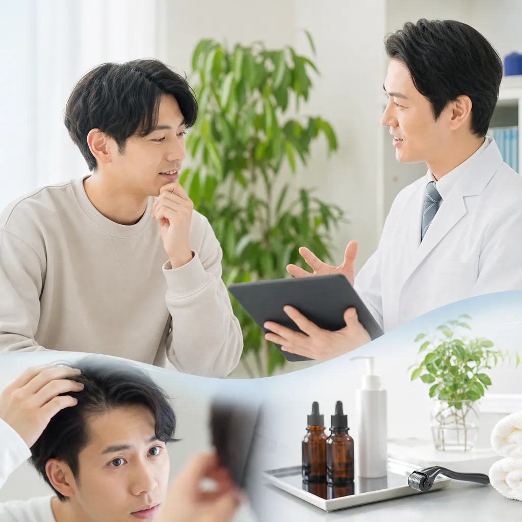 清潔感あるAGAクリニックの診察室で医師が丁寧にカウンセリングする様子