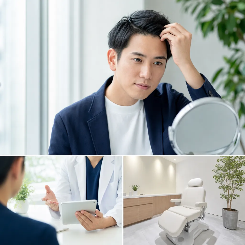 20代男性がAGAクリニックで医師に薄毛治療の相談をしている安心感のある診察室の様子