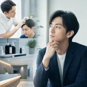 仕事帰りにAGA治療のオンライン診察を受ける男性のイメージ