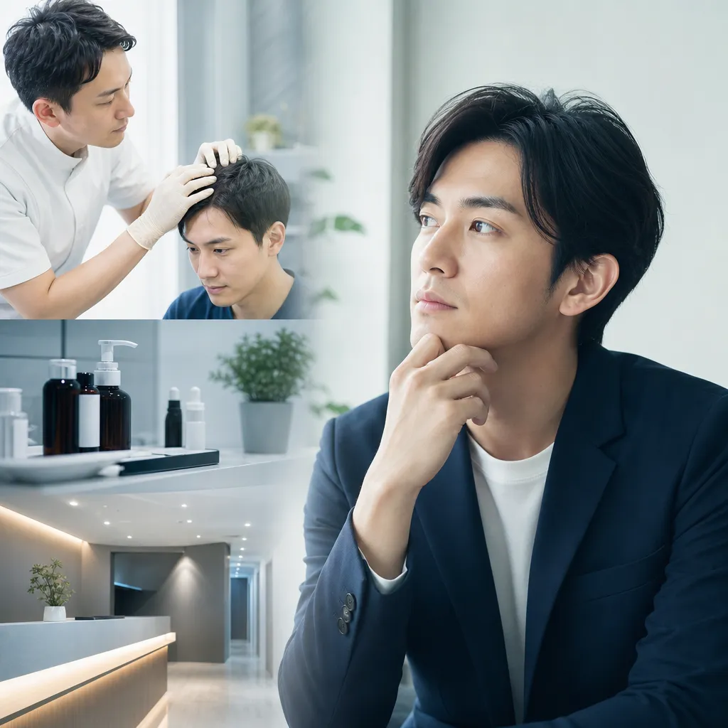 仕事帰りにAGA治療のオンライン診察を受ける男性のイメージ