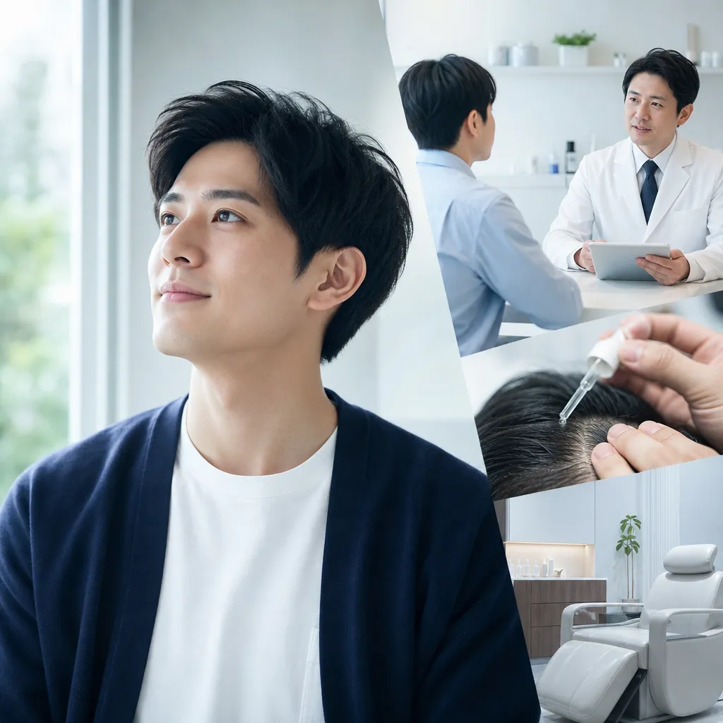 20代男性がAGAクリニックで医師に薄毛治療の相談をしている診察シーン
