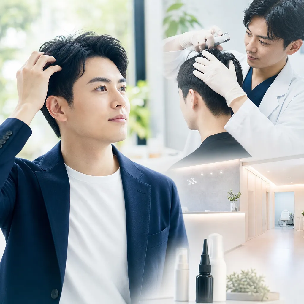 スマートフォンでAGAオンライン診療を受ける20代男性の手元と清潔感ある部屋