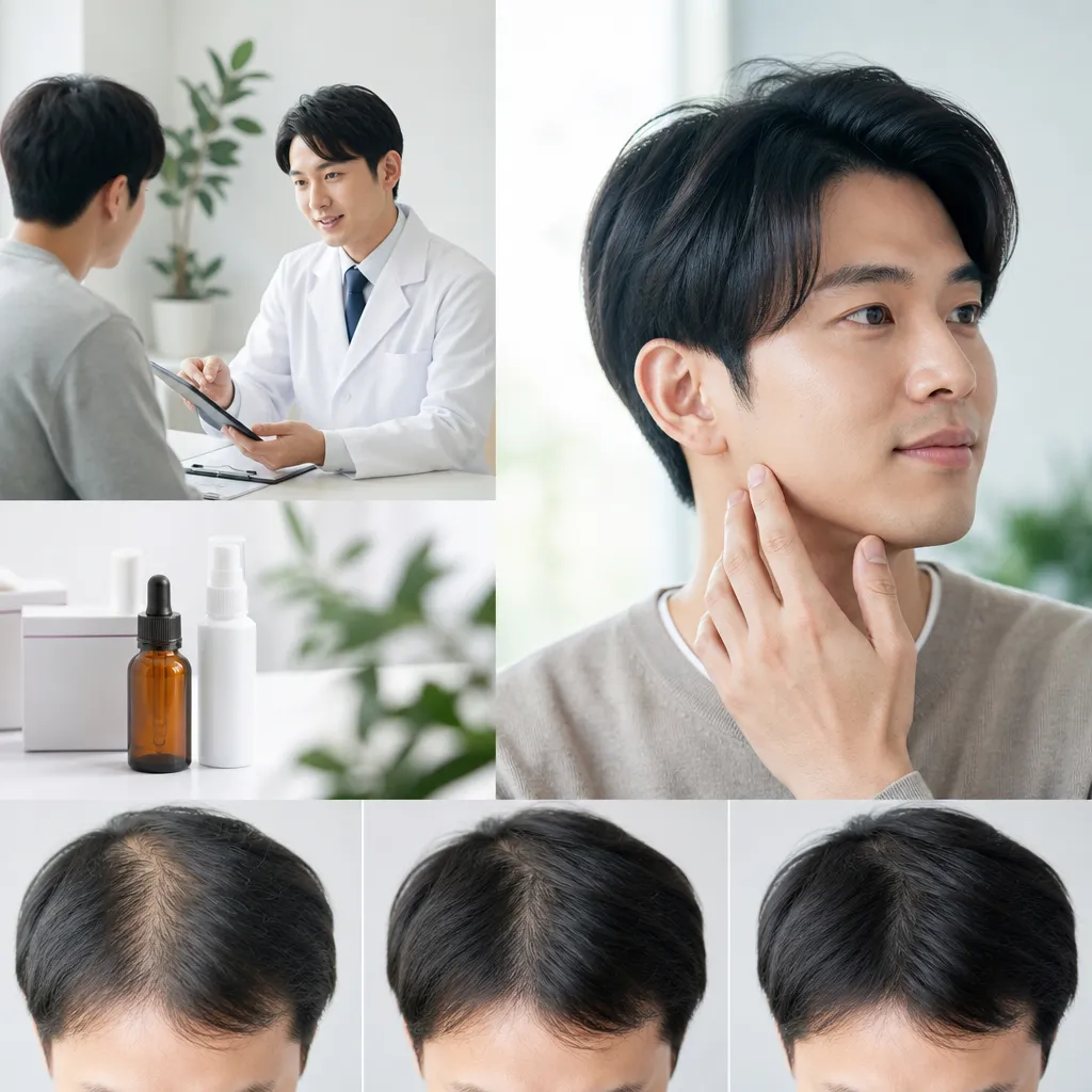 AGA治療クリニックで診察を受ける男性と医師の安心感ある診察風景