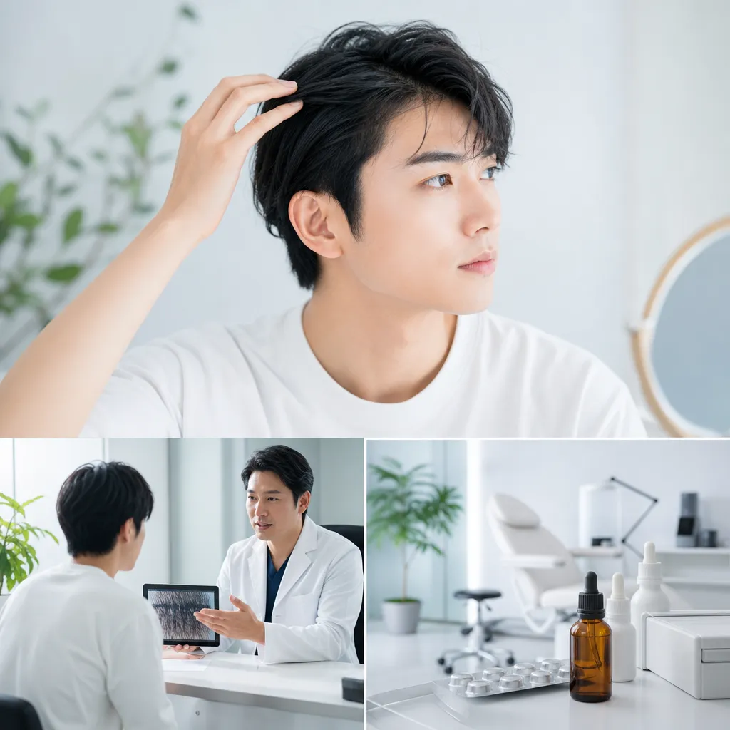 20代男性がAGAクリニックで医師の診察を受け安心した表情を見せている様子