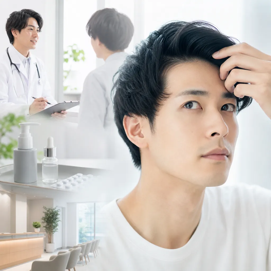 25歳男性がAGA治療のオンライン診察を笑顔で受ける清潔感のある場面