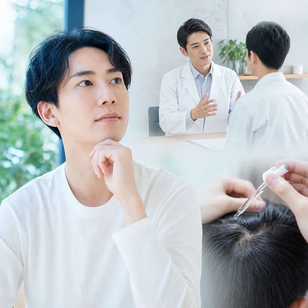 スマートフォンでAGAオンラインクリニックを調べる若い男性の手元