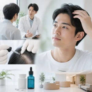 スマートフォンでAGAオンライン診療を受ける20代男性の清潔感ある部屋での様子