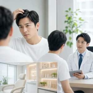 AGAクリニックの診察室で医師が患者に治療プランを説明している安心感のある風景