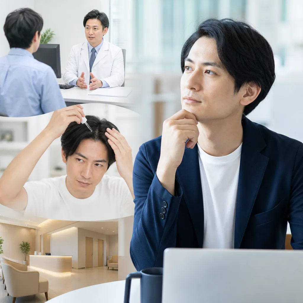 スマートフォンでAGAオンライン診療を予約する忙しいビジネスマンのイメージ