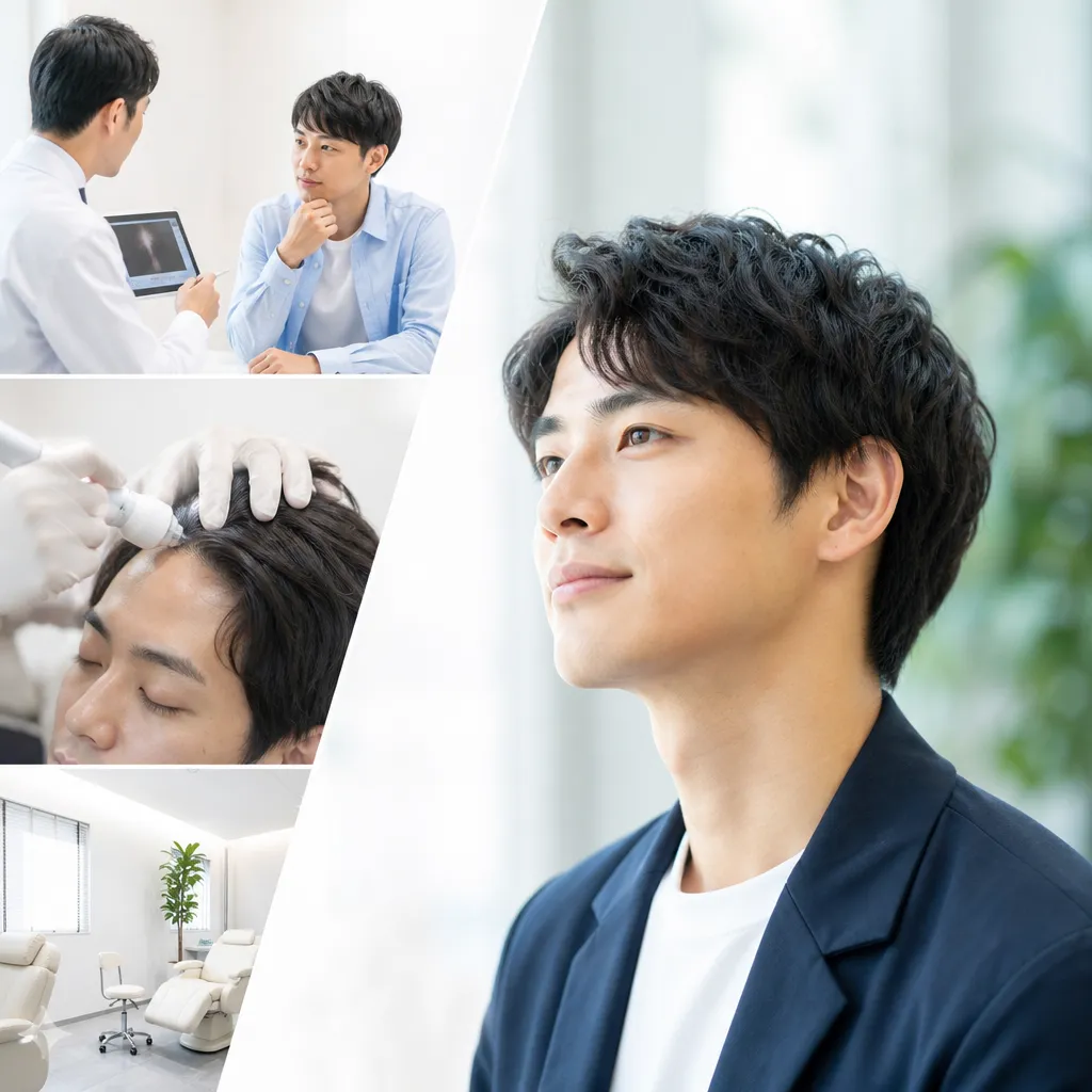 20代男性がスマートフォンでAGAクリニックを検索している清潔感のあるデスク周りの風景