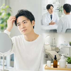 清潔感あるAGAクリニックの診察室で医師が丁寧に薄毛の相談に応じている様子