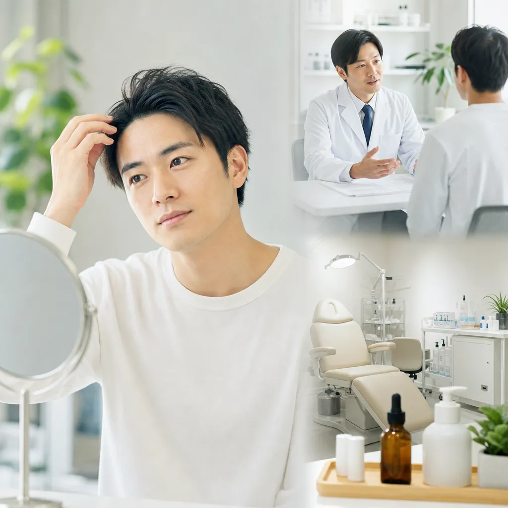 清潔感あるAGAクリニックの診察室で医師が丁寧に薄毛の相談に応じている様子