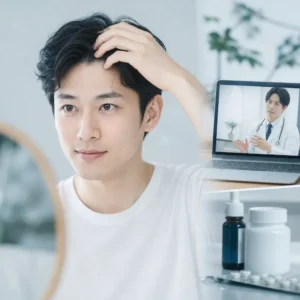 スマートフォンでAGAオンライン診療を受ける20代男性のイメージ