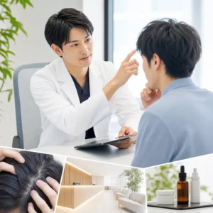 20代男性がAGAクリニックで医師と対面診療を受けている安心感のある診察室の様子