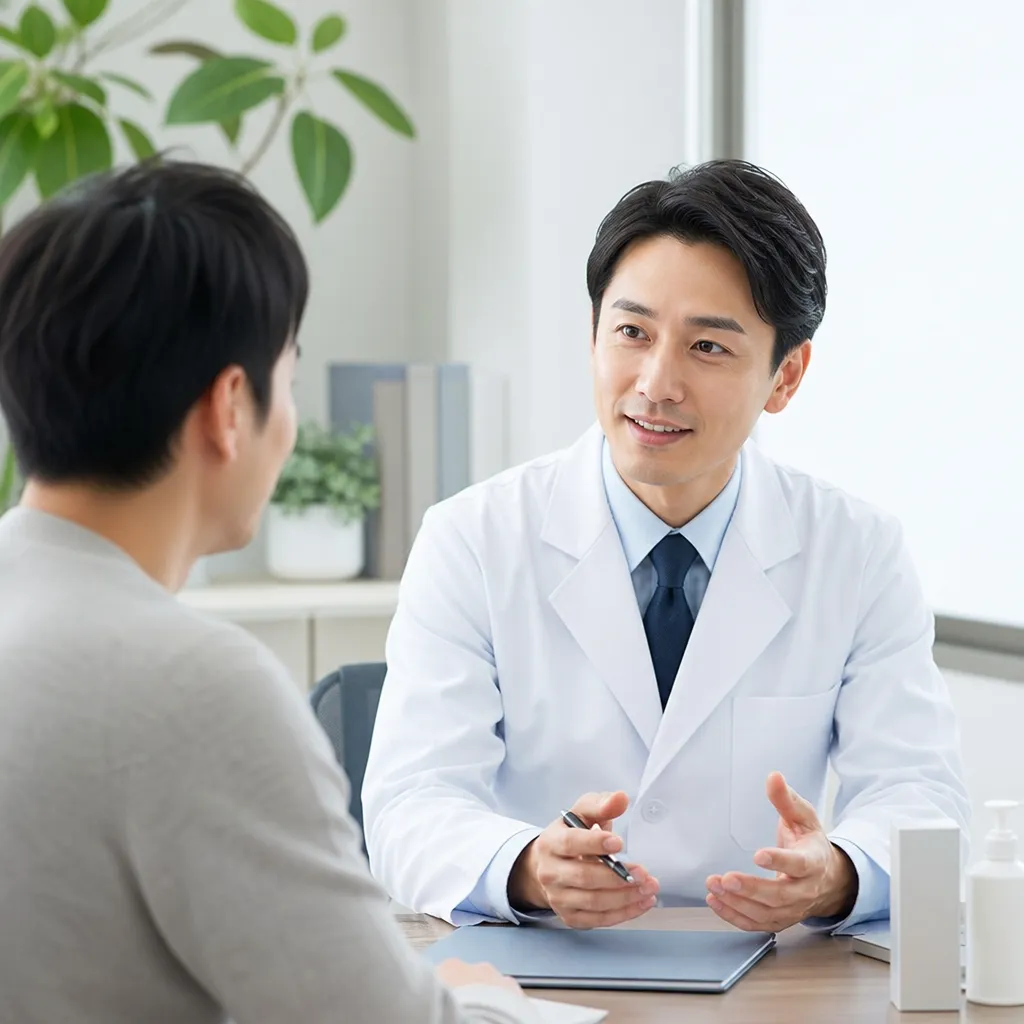 30代男性がAGAクリニックで医師に薄毛治療の対面相談をしている落ち着いた診察室の様子