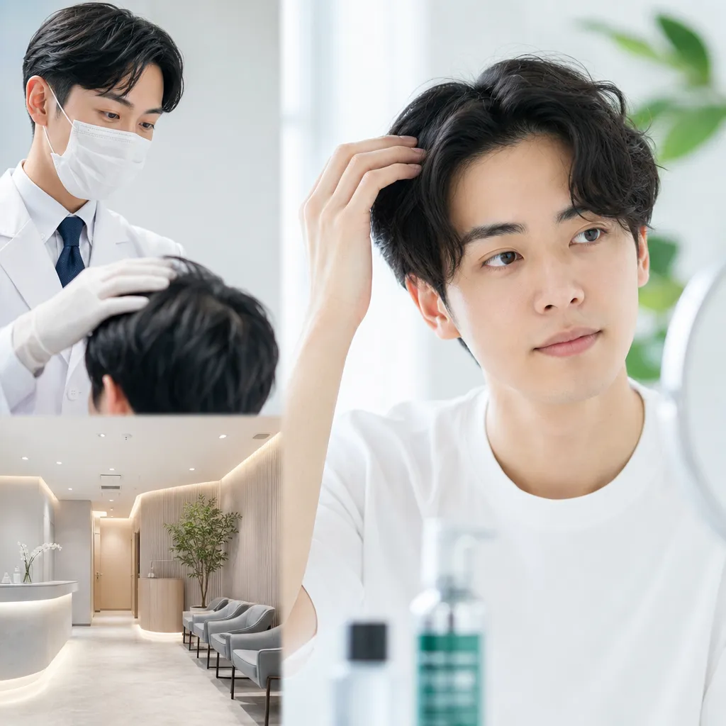 20代男性がAGAクリニックで医師に相談している安心感のある診察風景