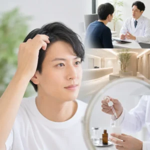 20代男性がAGAクリニックで医師と対面診療を受けている安心感のある診察室の様子