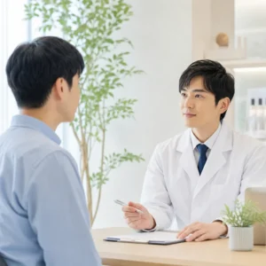 AGAクリニックの清潔感ある待合室でカウンセリングを受ける男性患者のイメージ