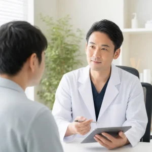 清潔感のあるAGAクリニックの診察室で医師と向き合う男性患者のイメージ
