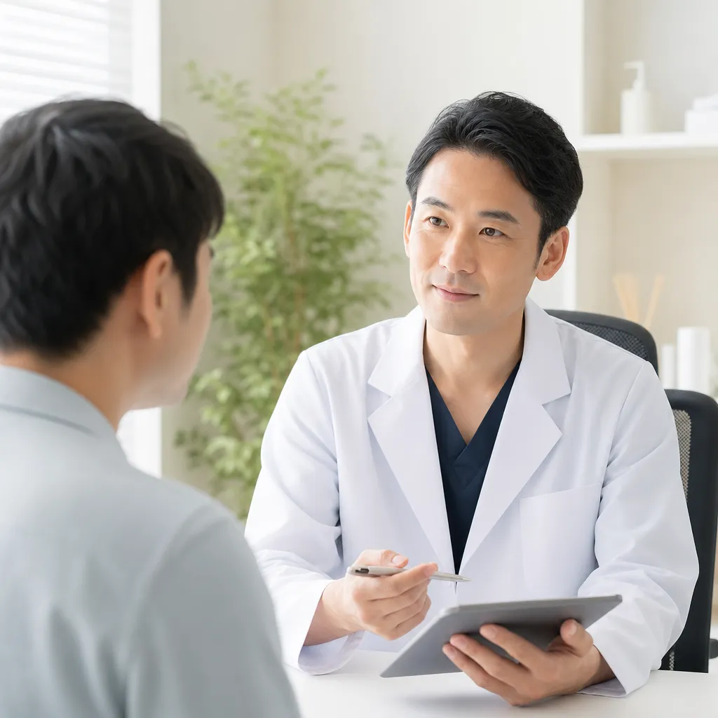 清潔感のあるAGAクリニックの診察室で医師と向き合う男性患者のイメージ