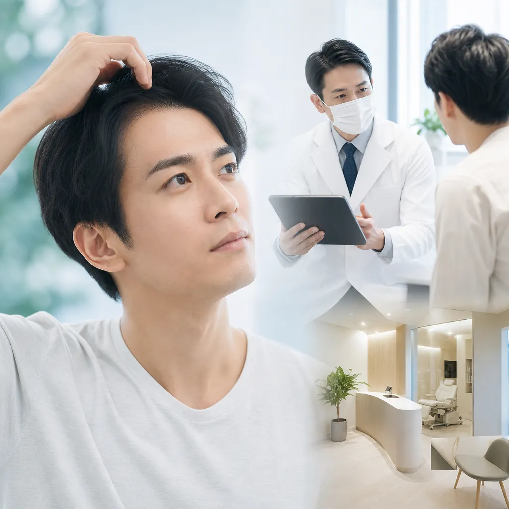 30代男性がAGAクリニックで医師に薄毛治療の初診相談をしている清潔感のある診察室の風景