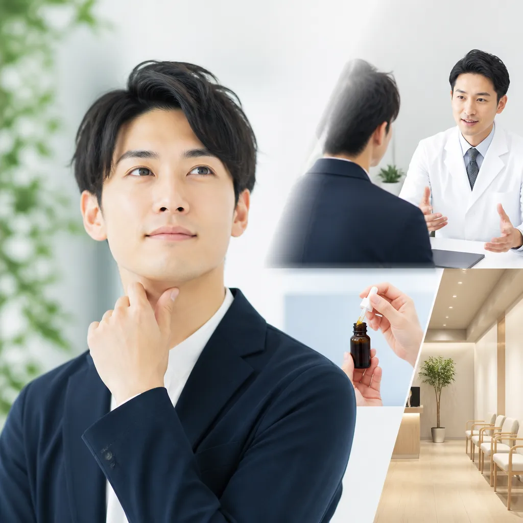 スマートフォンでオンラインAGA診療を受ける忙しい20代男性のイメージ