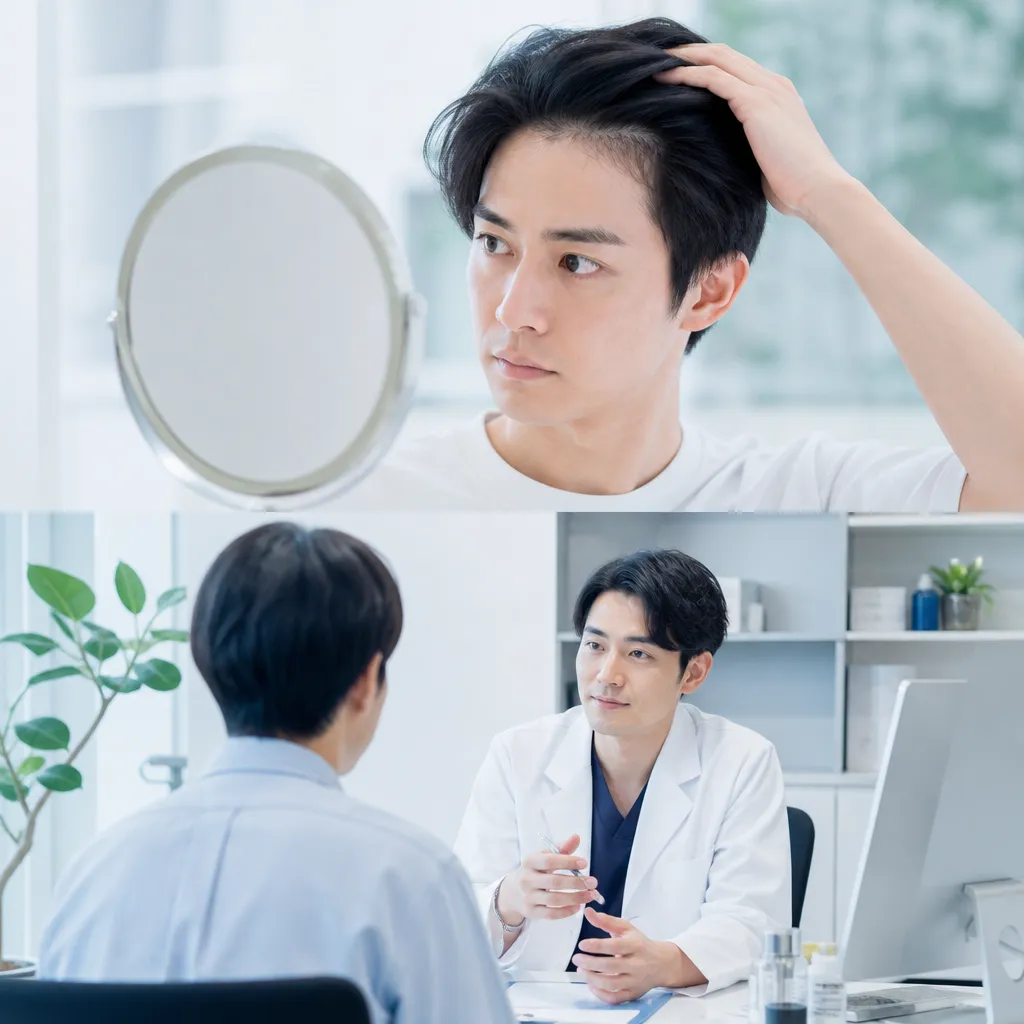 20代男性がAGAクリニックで医師の説明を受けながら治療プランを検討している診察シーン