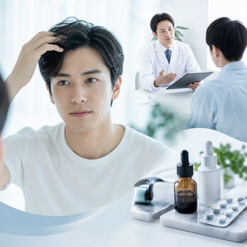20代男性がAGAクリニックで医師に薄毛治療の相談をしている清潔感ある診察室の様子