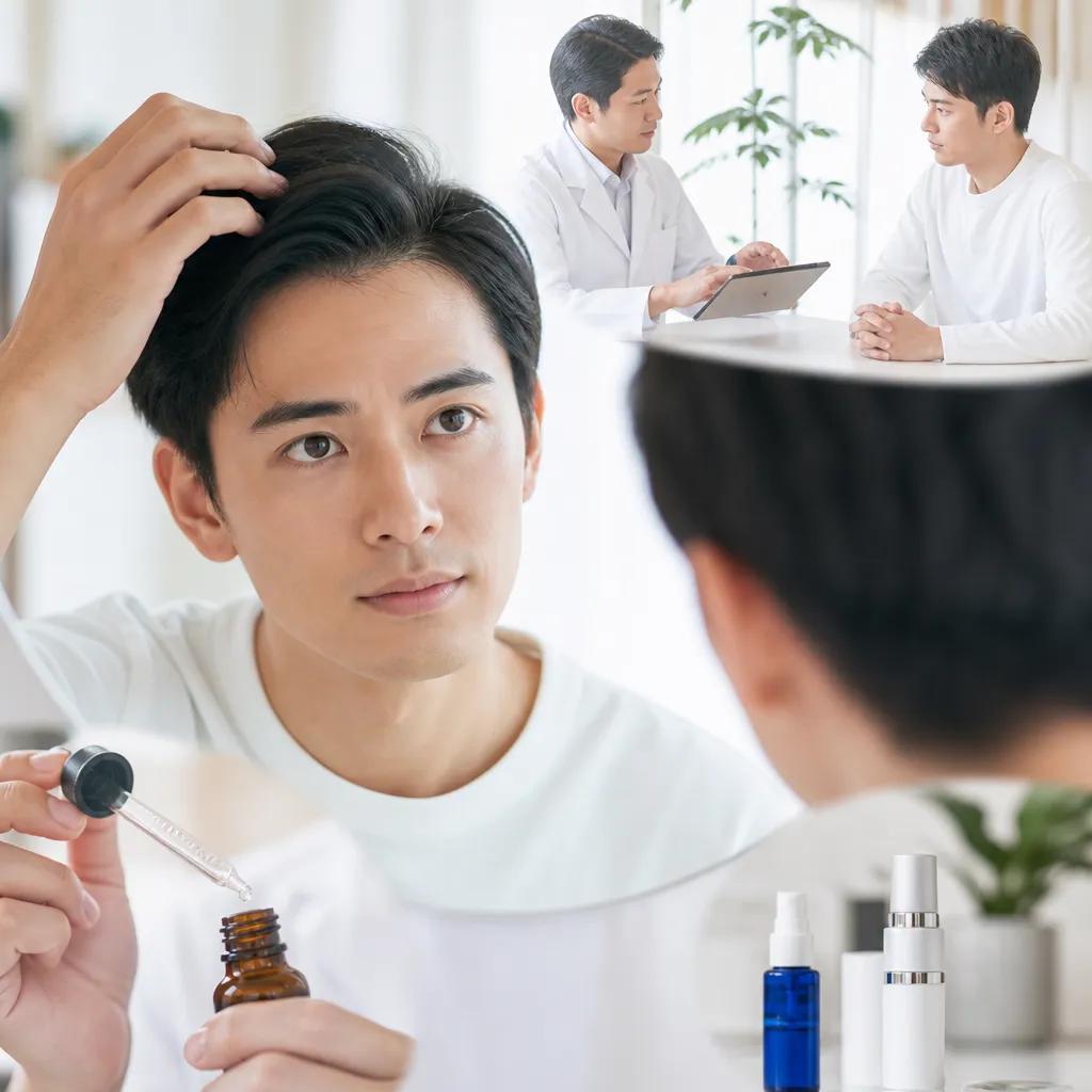 AGA治療クリニックの清潔感ある待合室で医師に相談する男性のイメージ