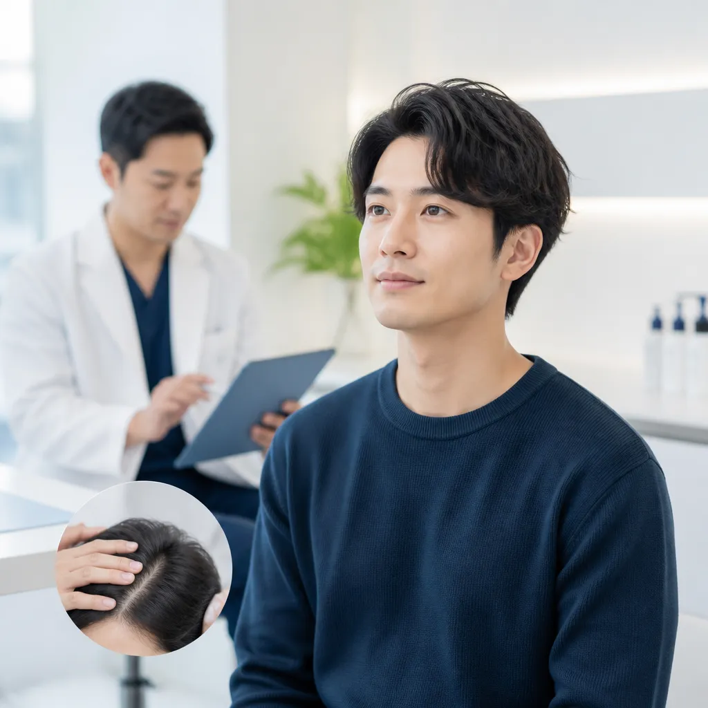 AGA治療を検討する20代男性がスマホで料金プランを調べている様子