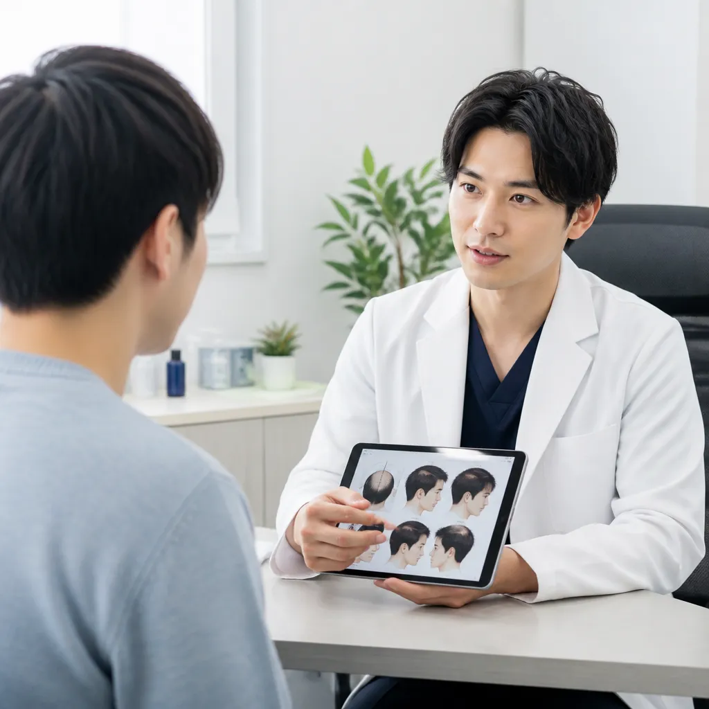 20代男性がAGA治療クリニックで医師と診察を受けている安心感のある様子