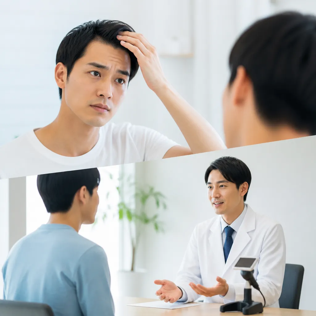 忙しい20代男性がスマートフォンでAGAオンライン診療を受けるイメージ