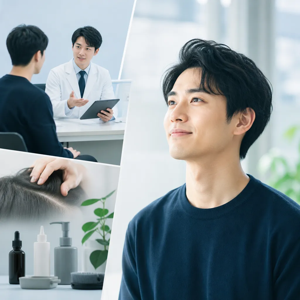 20代男性がAGAクリニックで医師に薄毛治療の相談をしている安心感のある診察風景