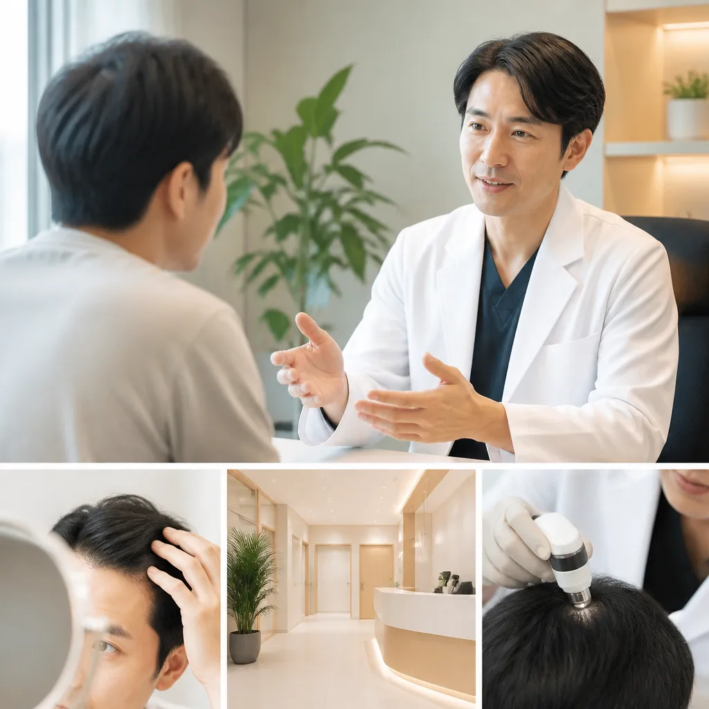 AGAクリニックで医師が患者に丁寧に薄毛治療の説明をしている対面診療の様子